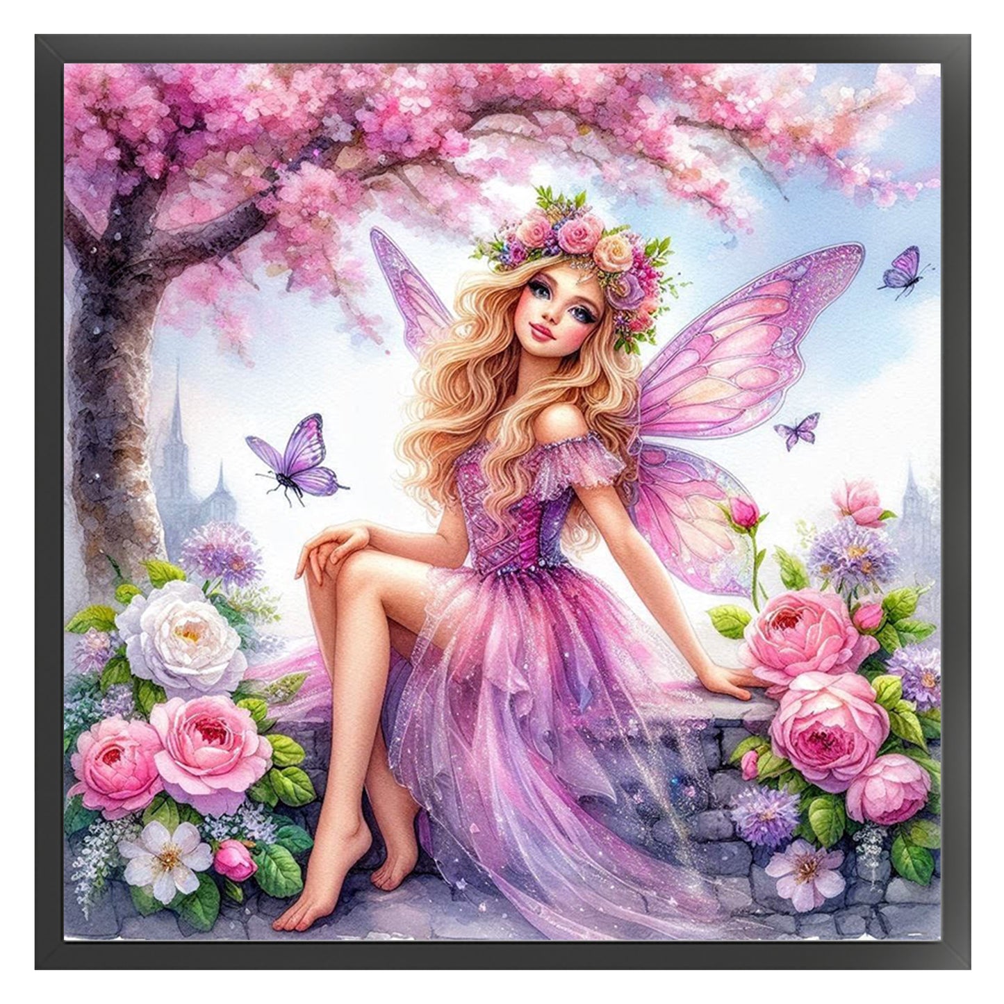 Seated Butterfly Fairy - Full 11CT Stamped Cross Stitch 45x45CM - Huacan