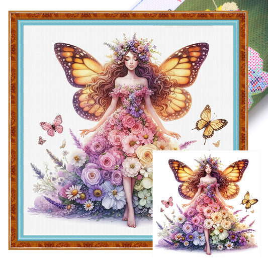 Butterfly Fairy In Floral Dress - Full 11CT Stamped Cross Stitch 45x45CM - Huacan