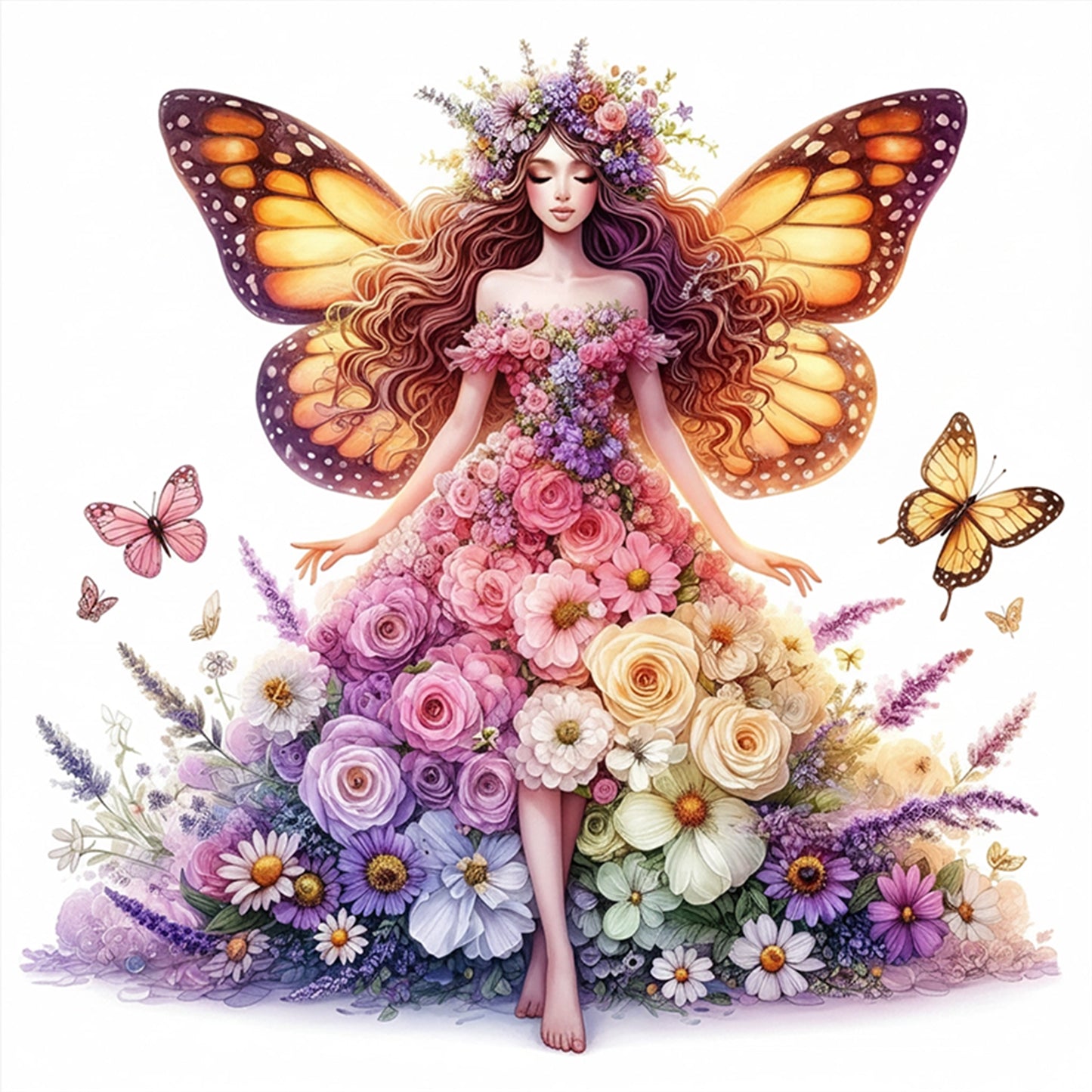 Butterfly Fairy In Floral Dress - Full 11CT Stamped Cross Stitch 45x45CM - Huacan