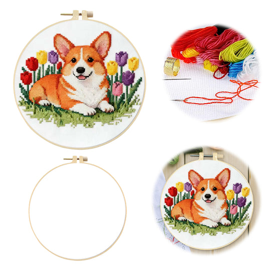 Corgi-Tulpe – DIY-Stickset für Kreuzstich mit Muster, Baumwollgarnen, Nadeln und Stickrahmen, 24x24 cm / 9,45x9,45 Zoll