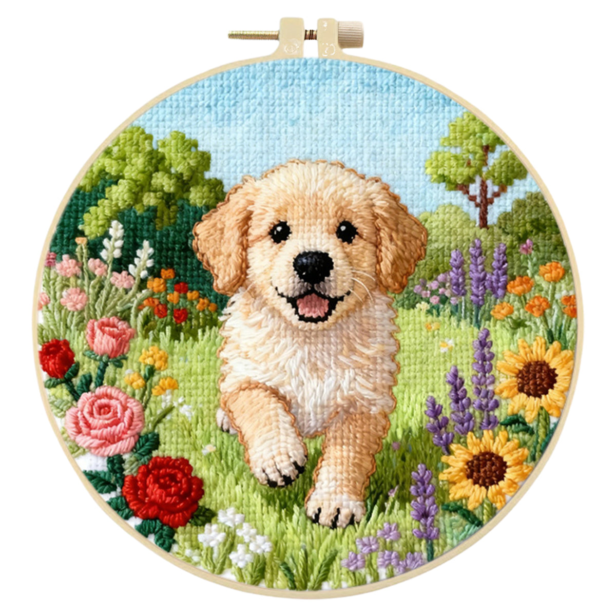 Golden Bloom – DIY-Stickset für Kreuzstich mit Muster, Baumwollgarnen, Nadeln und Stickrahmen, 24x24 cm / 9,45x9,45 Zoll