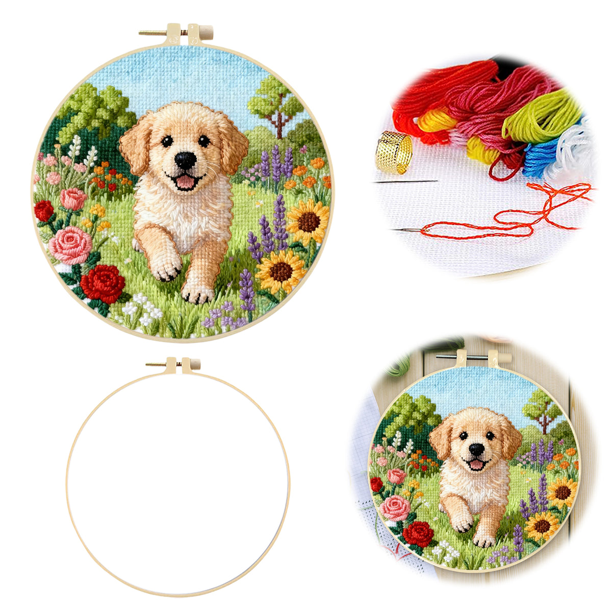 Golden Bloom – DIY-Stickset für Kreuzstich mit Muster, Baumwollgarnen, Nadeln und Stickrahmen, 24x24 cm / 9,45x9,45 Zoll