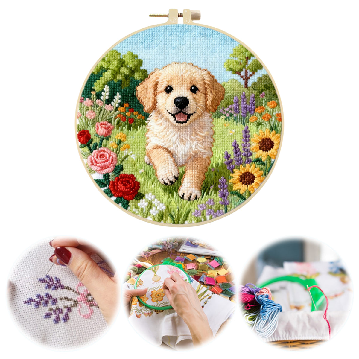 Golden Bloom – DIY-Stickset für Kreuzstich mit Muster, Baumwollgarnen, Nadeln und Stickrahmen, 24x24 cm / 9,45x9,45 Zoll