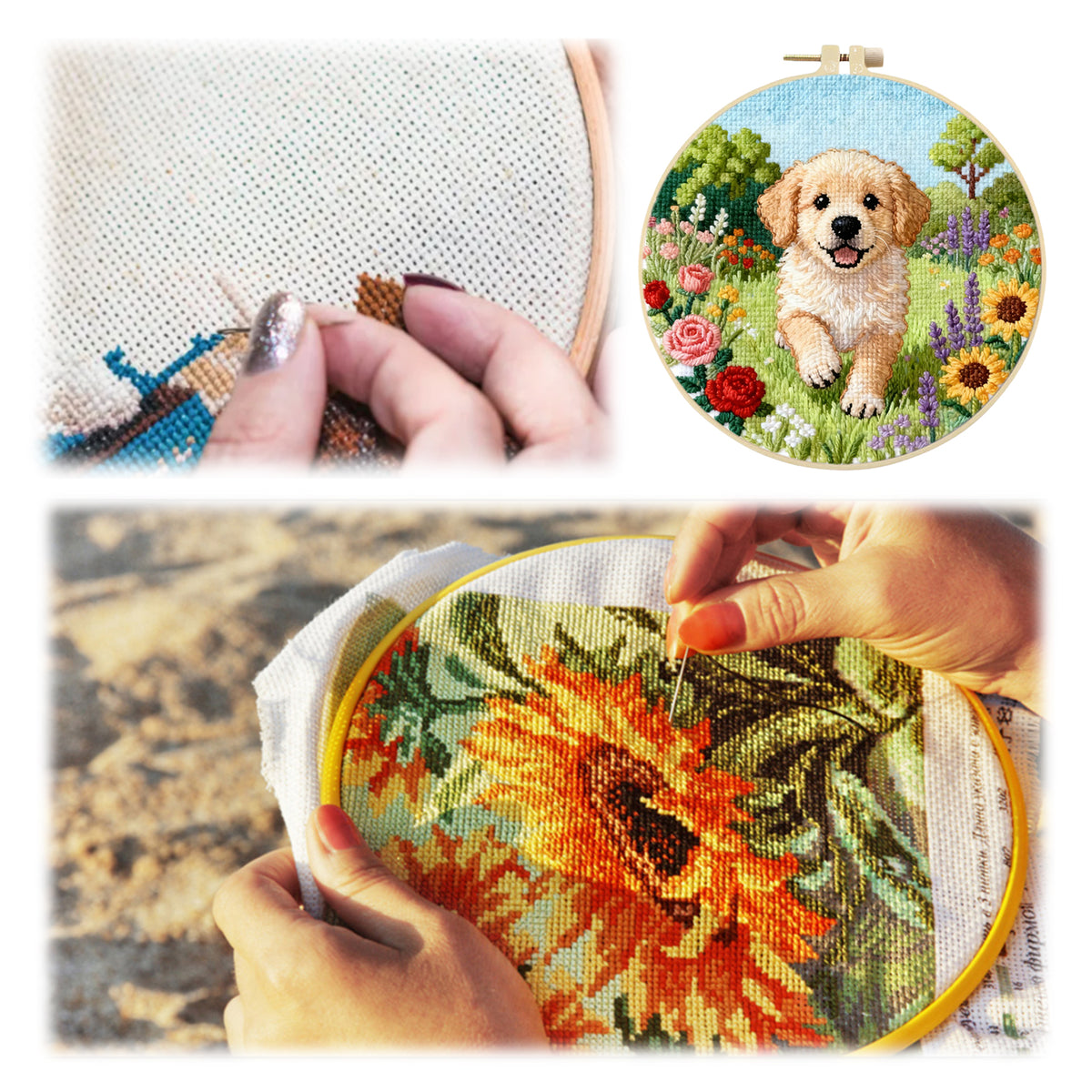 Golden Bloom – DIY-Stickset für Kreuzstich mit Muster, Baumwollgarnen, Nadeln und Stickrahmen, 24x24 cm / 9,45x9,45 Zoll