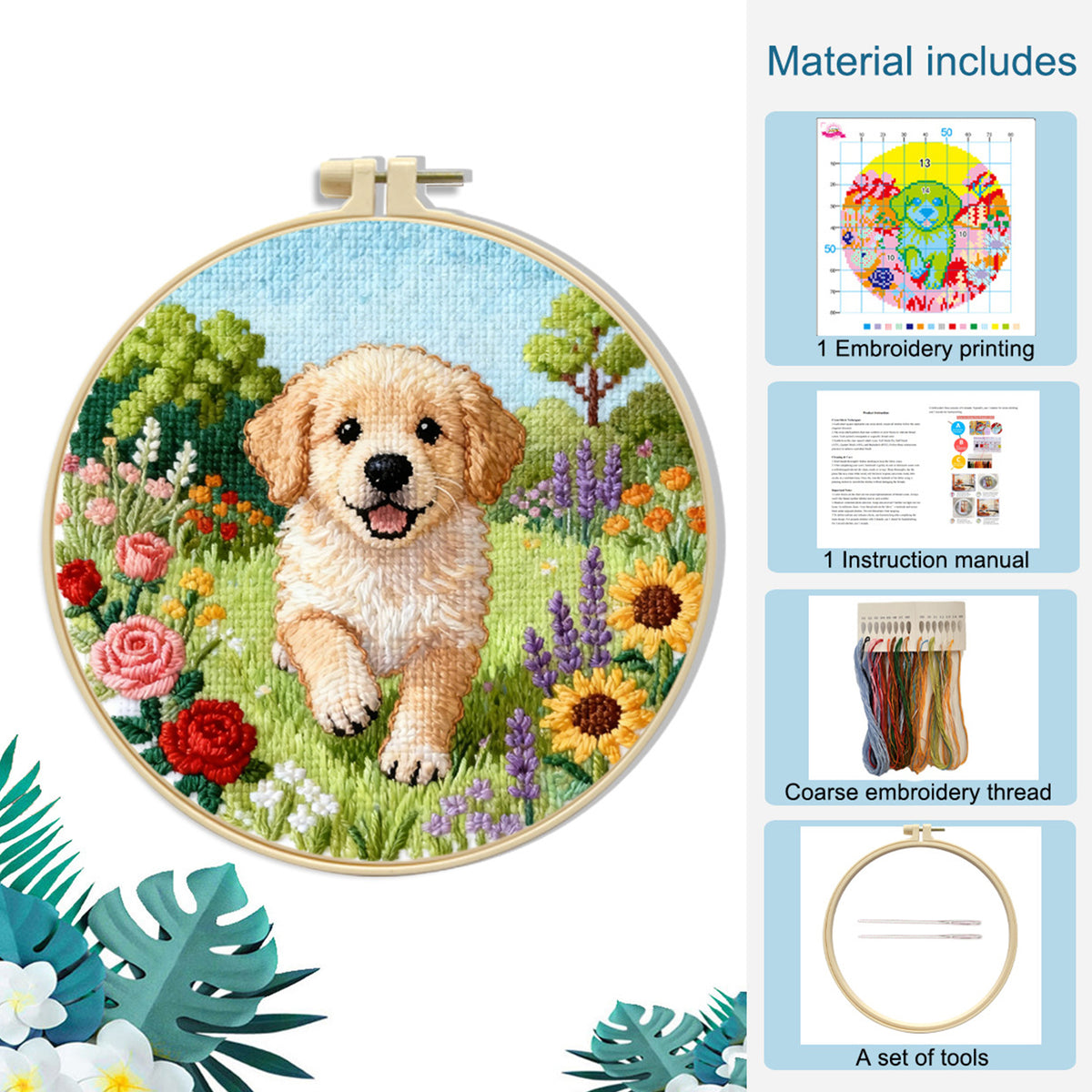 Golden Bloom – DIY-Stickset für Kreuzstich mit Muster, Baumwollgarnen, Nadeln und Stickrahmen, 24x24 cm / 9,45x9,45 Zoll