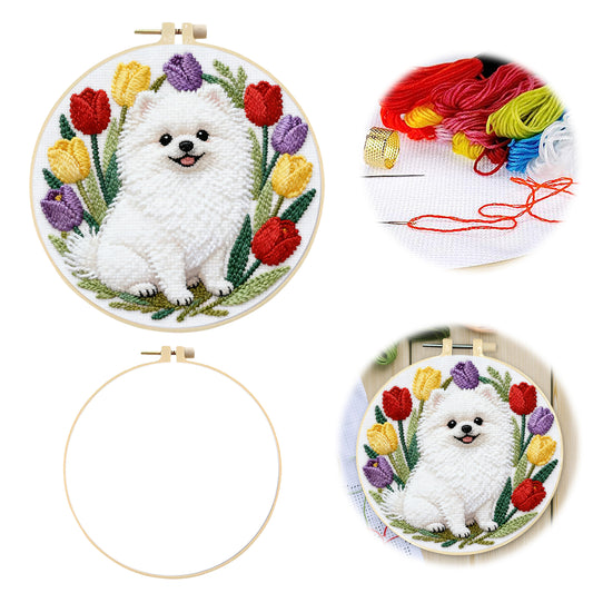 Pommerscher Tulpen-Hund – DIY-Stickset für Kreuzstich mit Muster, Baumwollgarnen, Nadeln und Stickrahmen, 24x24 cm