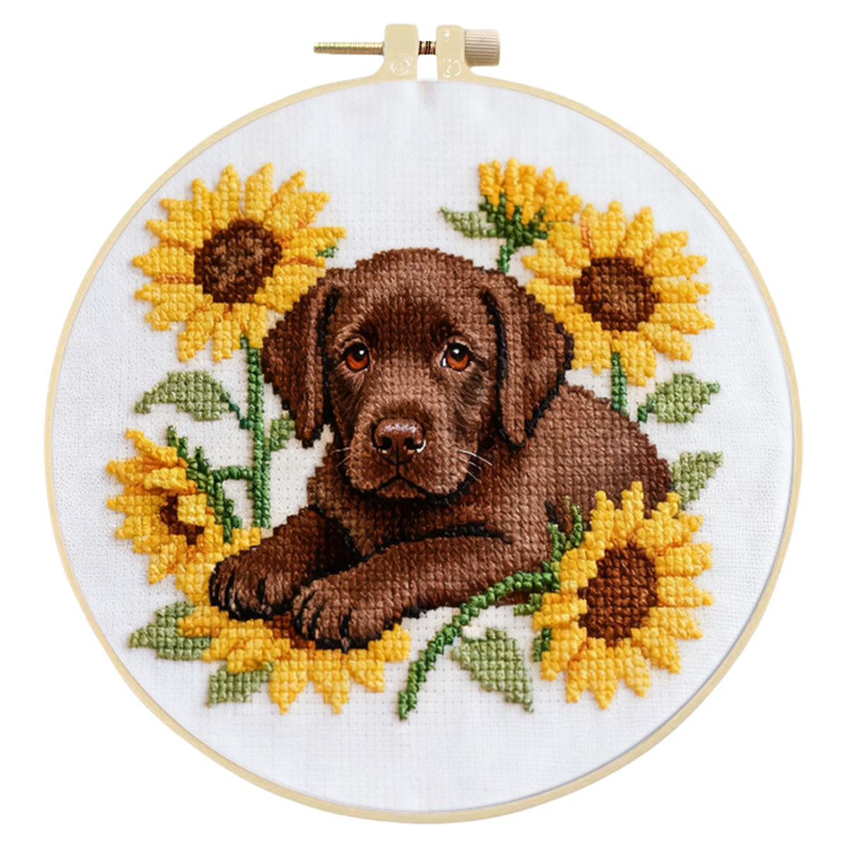 Labrador-Sonnenblume-Hund – DIY-Stickset Kreuzstich mit Vorlage, Baumwollgarnen, Nadeln und Stickrahmen, 24x24 cm
