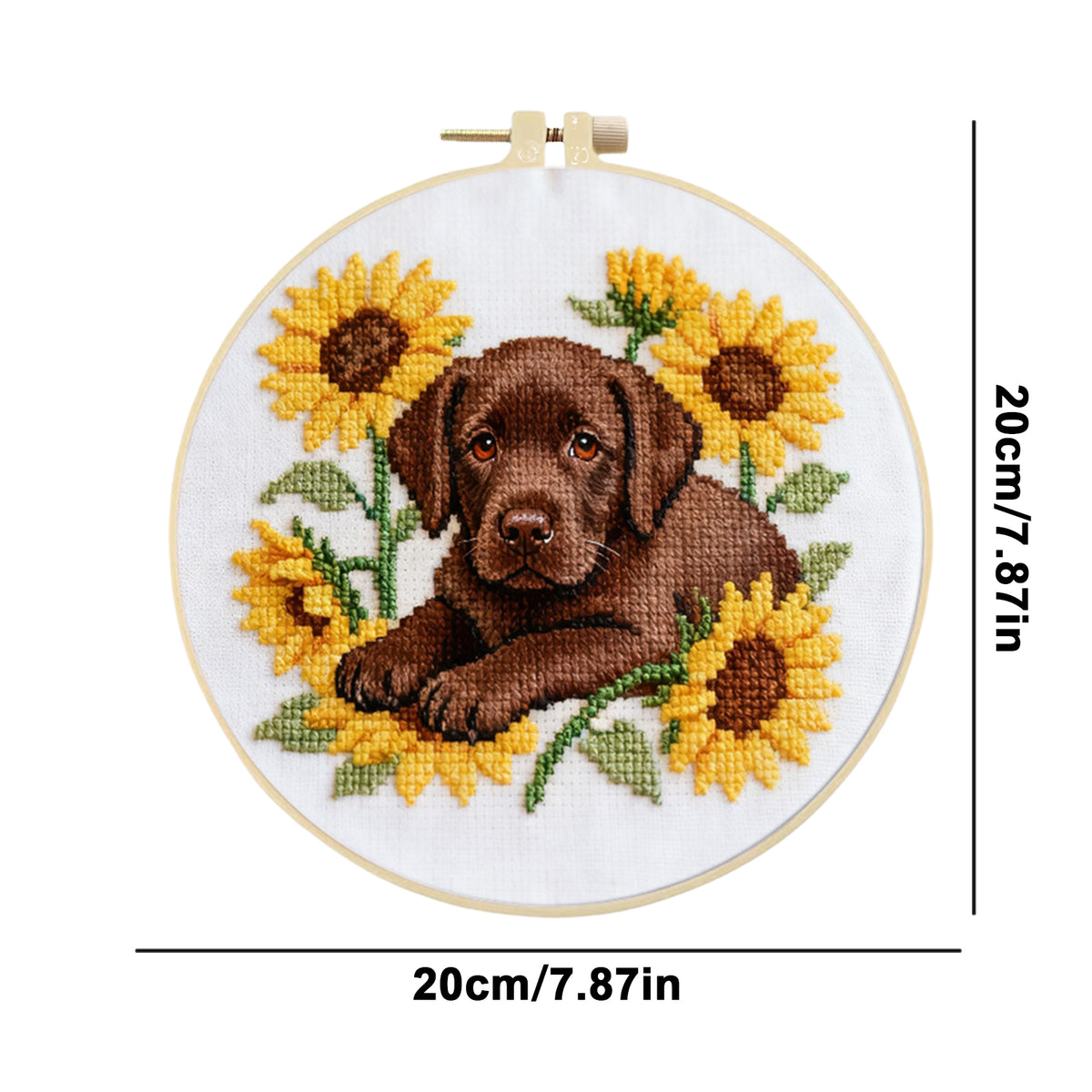 Labrador-Sonnenblume-Hund – DIY-Stickset Kreuzstich mit Vorlage, Baumwollgarnen, Nadeln und Stickrahmen, 24x24 cm
