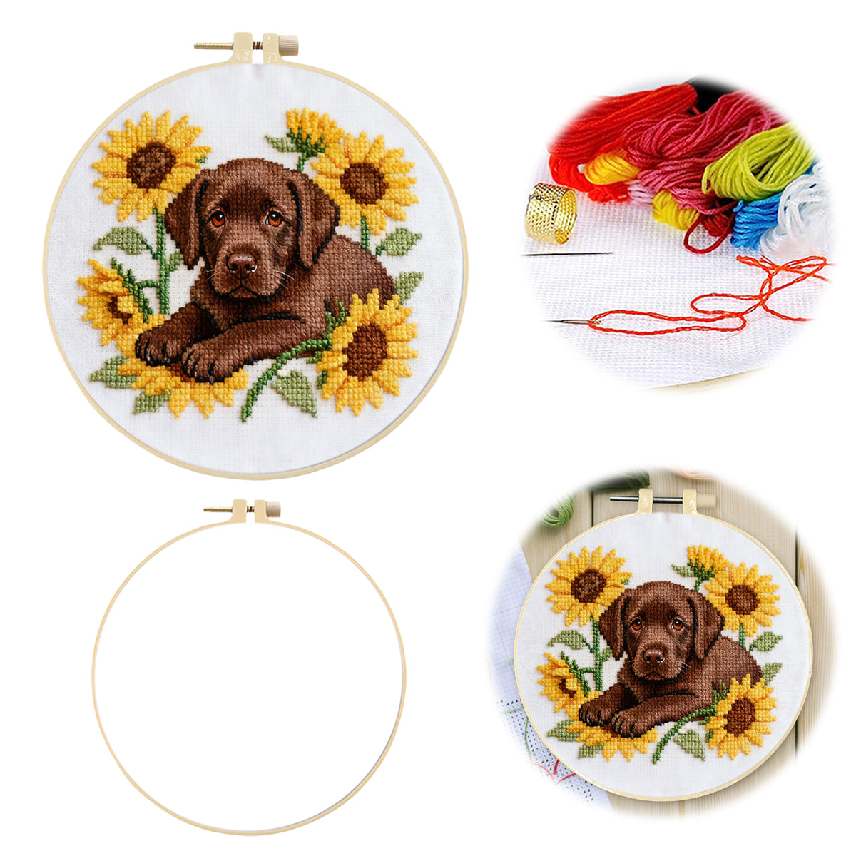 Labrador-Sonnenblume-Hund – DIY-Stickset Kreuzstich mit Vorlage, Baumwollgarnen, Nadeln und Stickrahmen, 24x24 cm