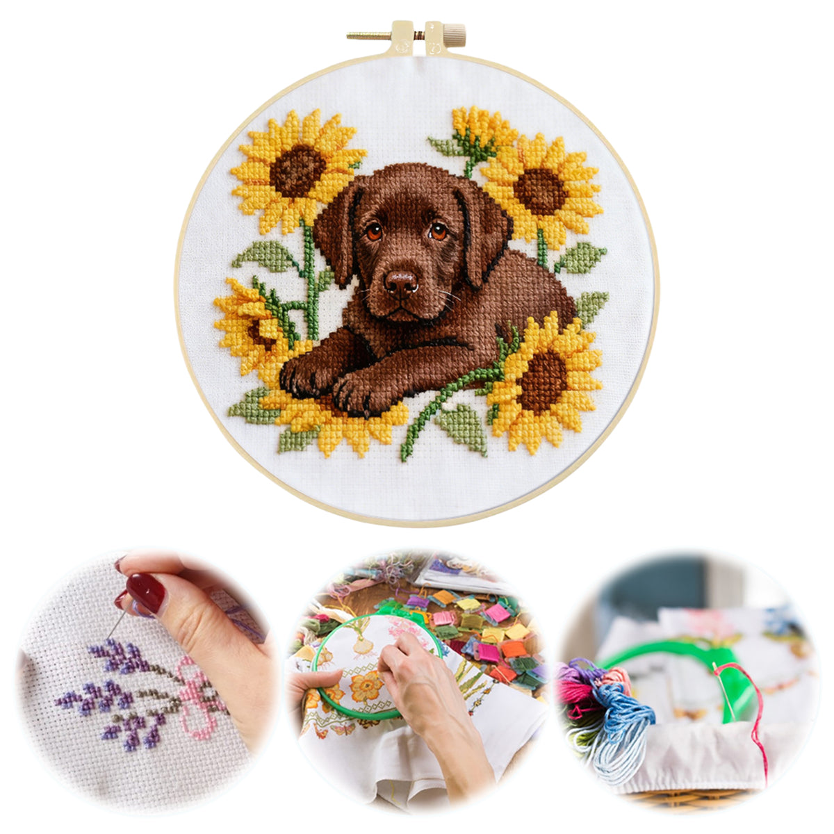Labrador-Sonnenblume-Hund – DIY-Stickset Kreuzstich mit Vorlage, Baumwollgarnen, Nadeln und Stickrahmen, 24x24 cm