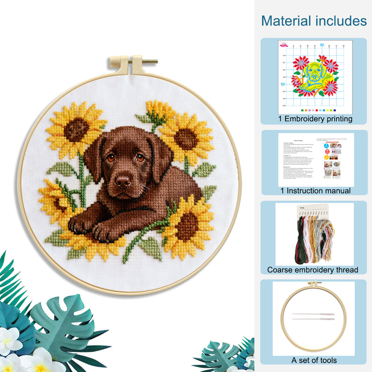 Labrador-Sonnenblume-Hund – DIY-Stickset Kreuzstich mit Vorlage, Baumwollgarnen, Nadeln und Stickrahmen, 24x24 cm