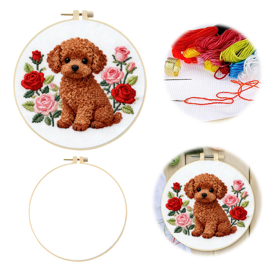 Teddy Rose – DIY-Stickset für Kreuzstich mit Vorlage, Baumwollgarnen, Nadeln und Stickrahmen, 24x24 cm