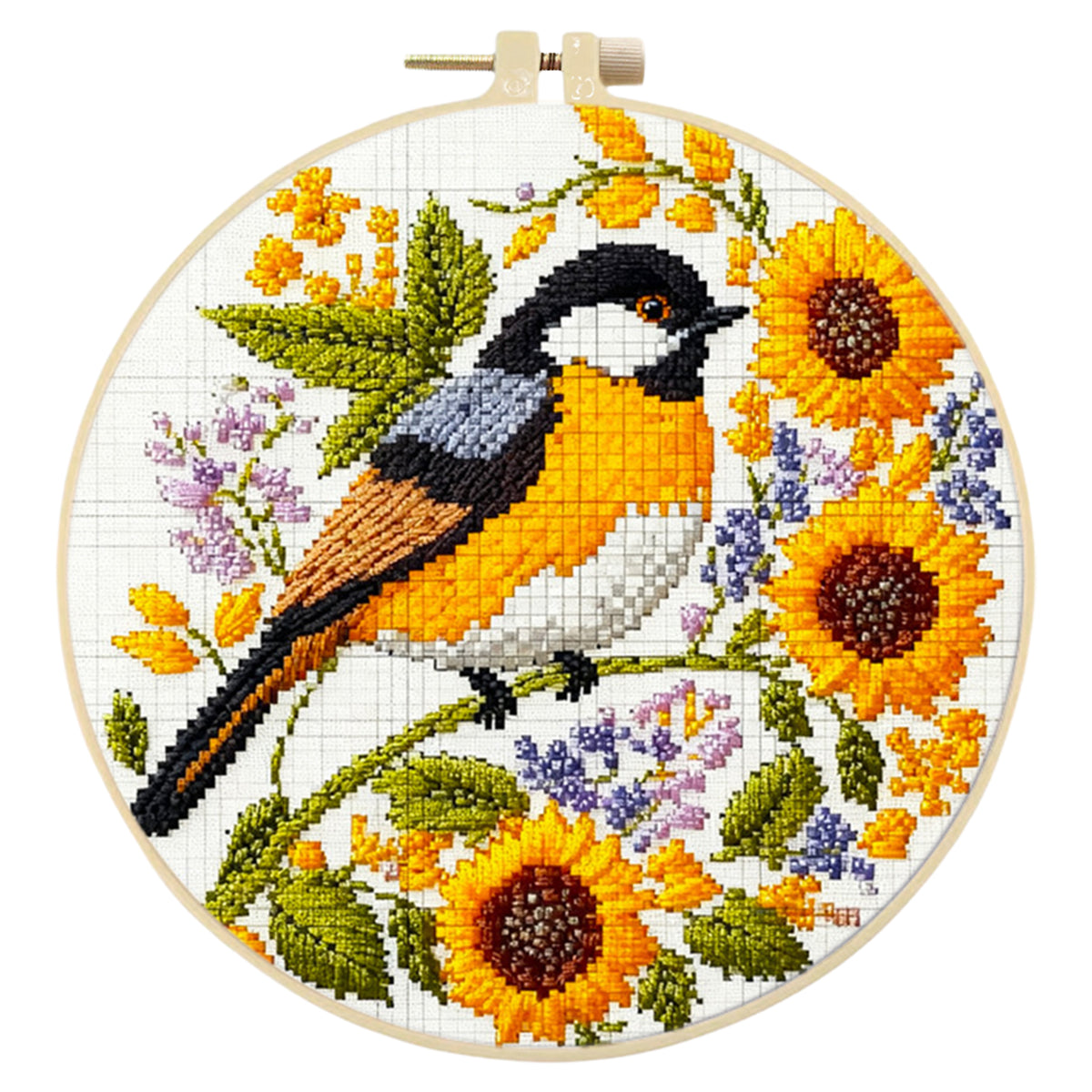 Sonnenblume Vogel - DIY Stickpackung Kreuzstich-Set mit Muster, Baumwollgarn, Nadeln und Stickrahmen 24x24cm