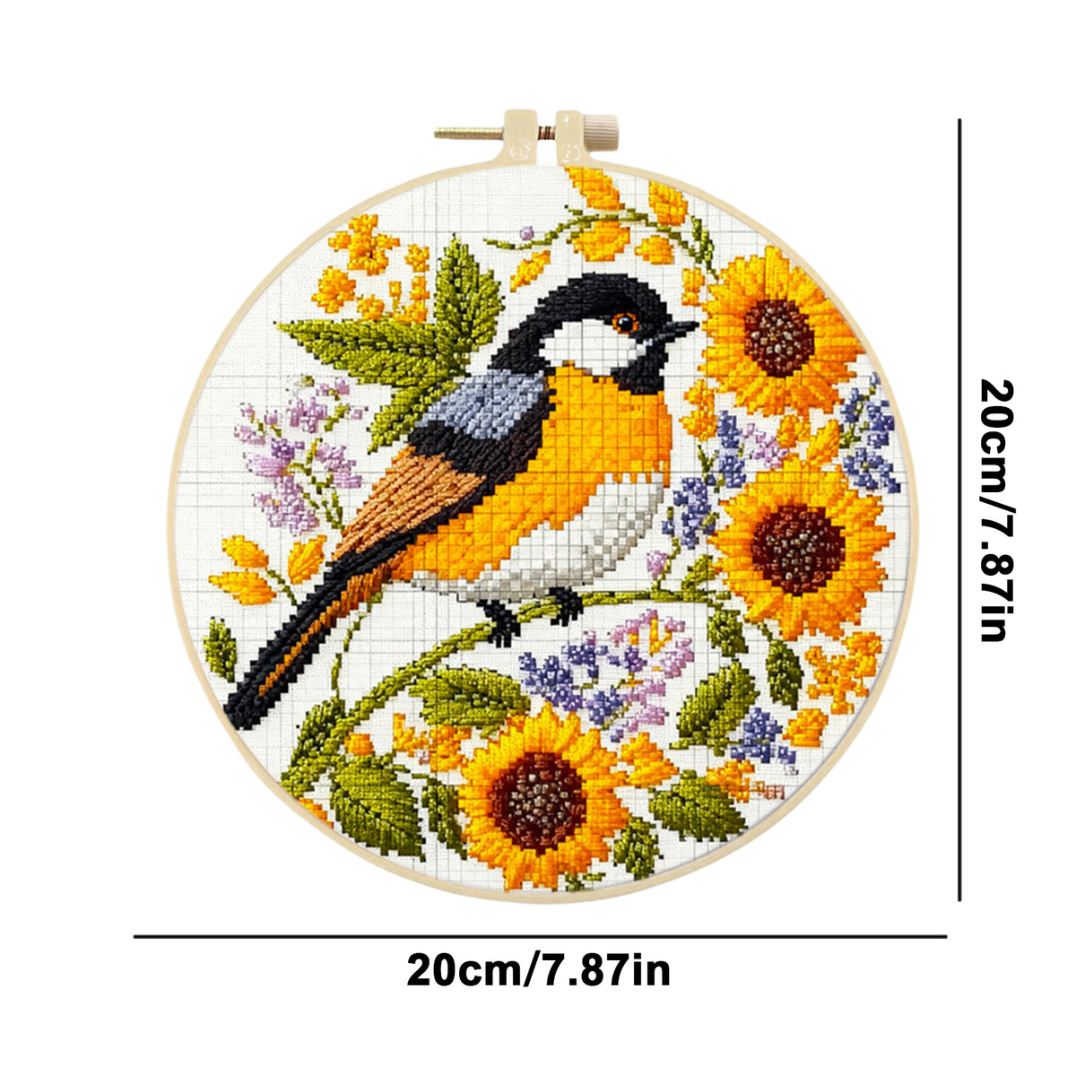 Sonnenblume Vogel - DIY Stickpackung Kreuzstich-Set mit Muster, Baumwollgarn, Nadeln und Stickrahmen 24x24cm