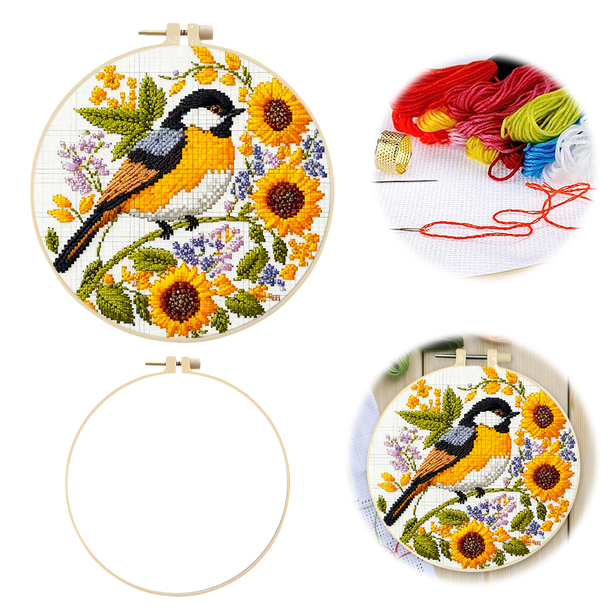 Sonnenblume Vogel - DIY Stickpackung Kreuzstich-Set mit Muster, Baumwollgarn, Nadeln und Stickrahmen 24x24cm