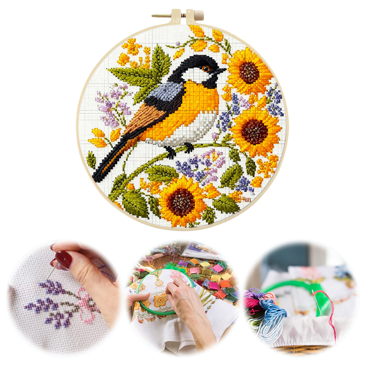 Sonnenblume Vogel - DIY Stickpackung Kreuzstich-Set mit Muster, Baumwollgarn, Nadeln und Stickrahmen 24x24cm