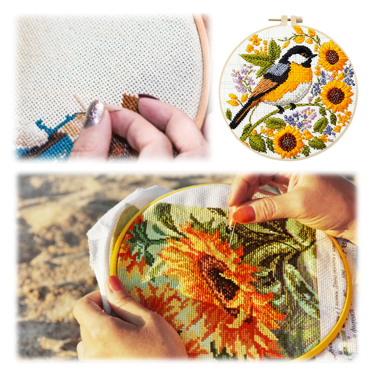 Sonnenblume Vogel - DIY Stickpackung Kreuzstich-Set mit Muster, Baumwollgarn, Nadeln und Stickrahmen 24x24cm