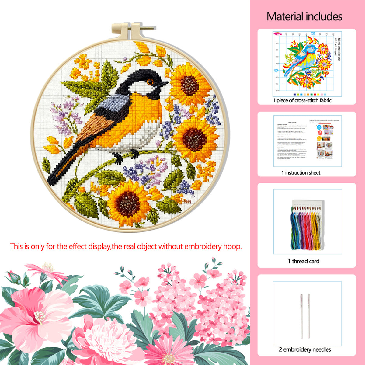 Sonnenblume Vogel - DIY Stickpackung Kreuzstich-Set mit Muster, Baumwollgarn, Nadeln und Stickrahmen 24x24cm