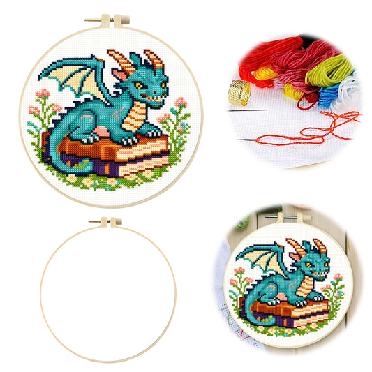 Drache und Bücher – DIY-Stickset für Kreuzstich mit Vorlage, Baumwollgarn, Nadeln und Stickrahmen, 24x24 cm