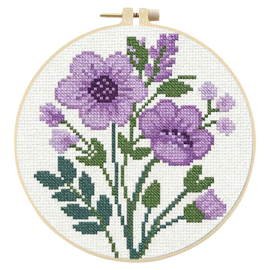 Purple Bloom – DIY-Stickpackung für Kreuzstich mit Muster, Baumwollgarnen, Nadeln und Stickrahmen, 24x24 cm/9,45x9,45 Zoll