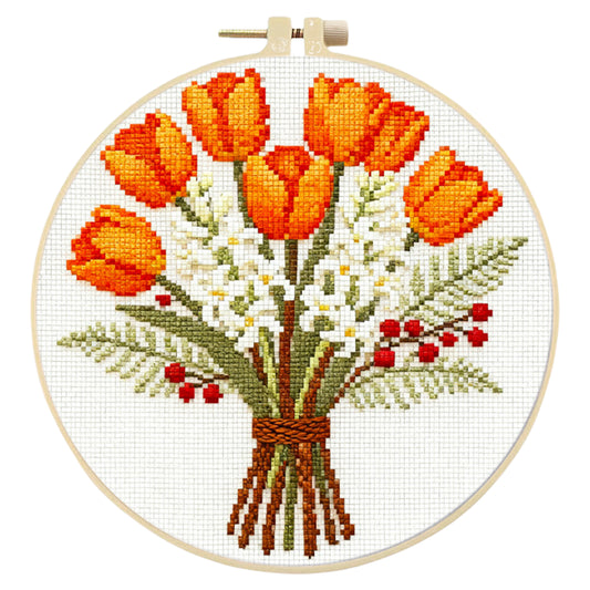 Tulpenstrauß – DIY-Stickset für Kreuzstich mit Muster, Baumwollgarnen, Nadeln und Stickrahmen, 24x24 cm