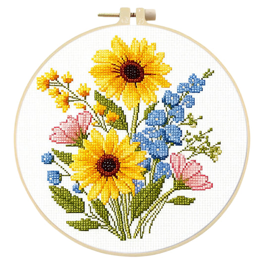 Sonnenblumen-Mix – DIY-Stickset für Kreuzstich mit Muster, Baumwollgarnen, Nadeln und Stickrahmen 24x24cm
