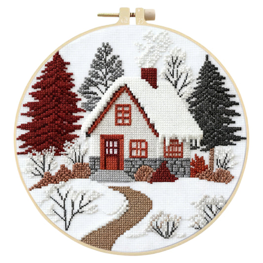 Winter-Hütte – DIY-Stickset für Kreuzstich mit Muster, Baumwollgarnen, Nadeln und Stickrahmen, 24x24 cm