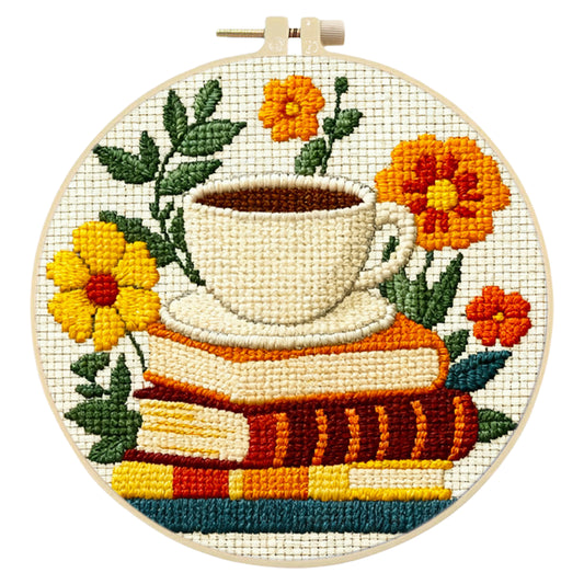 Kaffee und Bücher - DIY-Stickset für Kreuzstich mit Muster, Baumwollgarnen, Nadeln und Stickrahmen, 24x24 cm