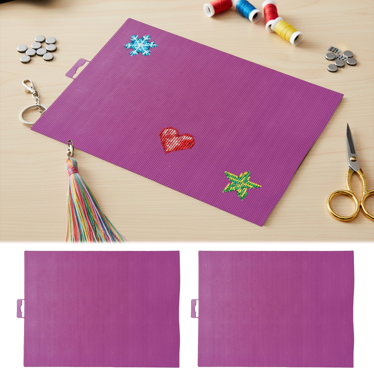 3Pcs DIY 14CT Plastic Square Mesh Canvas Sheets 11.02x8.27in Blank Canvas Mesh Mat for Needlework Embroidery Crafting Knit Crochet (Purple Red)