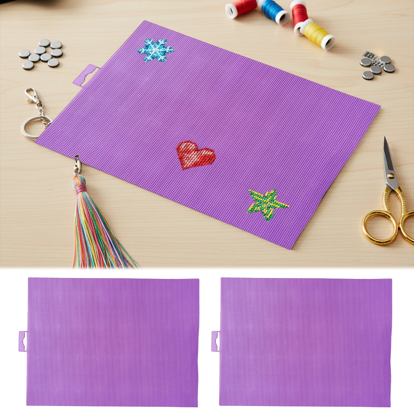 3Pcs DIY 14CT Plastic Square Mesh Canvas Sheets 11.02x8.27in Blank Canvas Mesh Mat for Needlework Embroidery Crafting Knit Crochet (Purple)