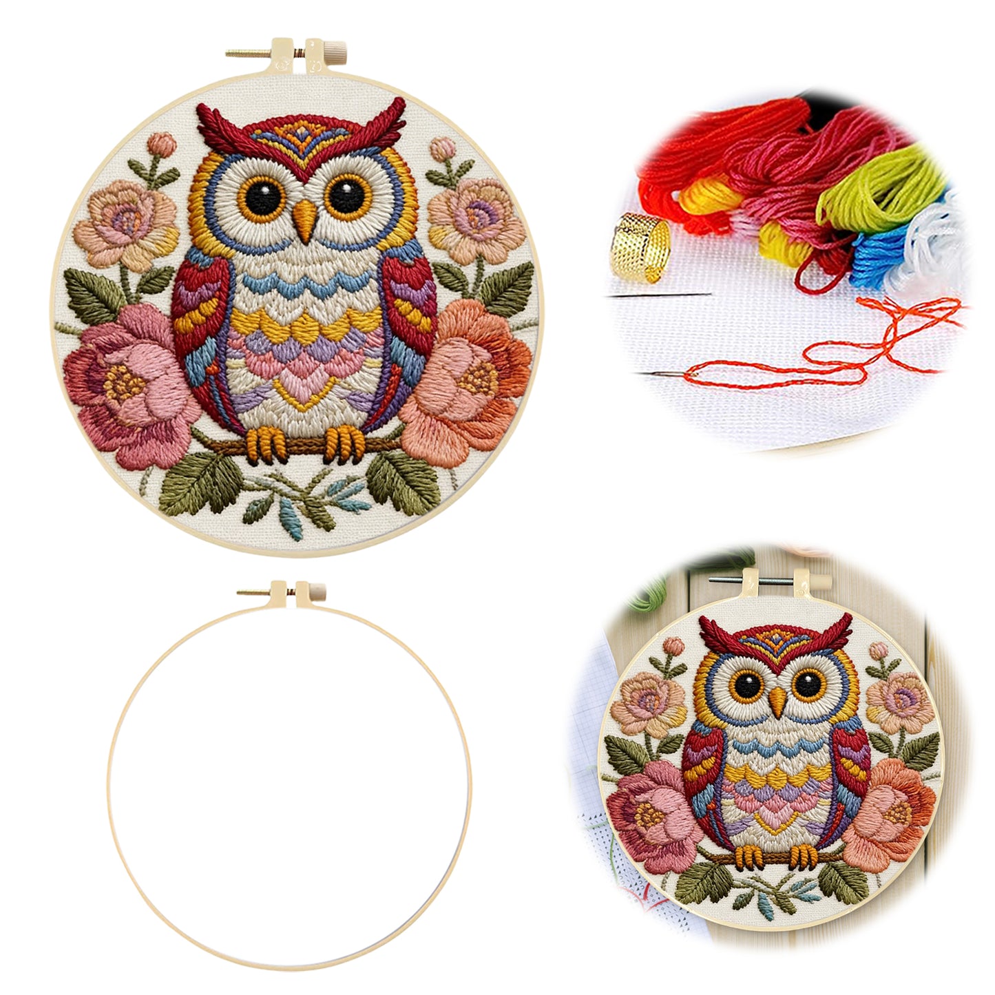 Owl Blooms - DIY Embroidery Cross Stitch Kit with Pattern Cotton Threads Needles Hoop 29x29CM/11.42x11.42in
