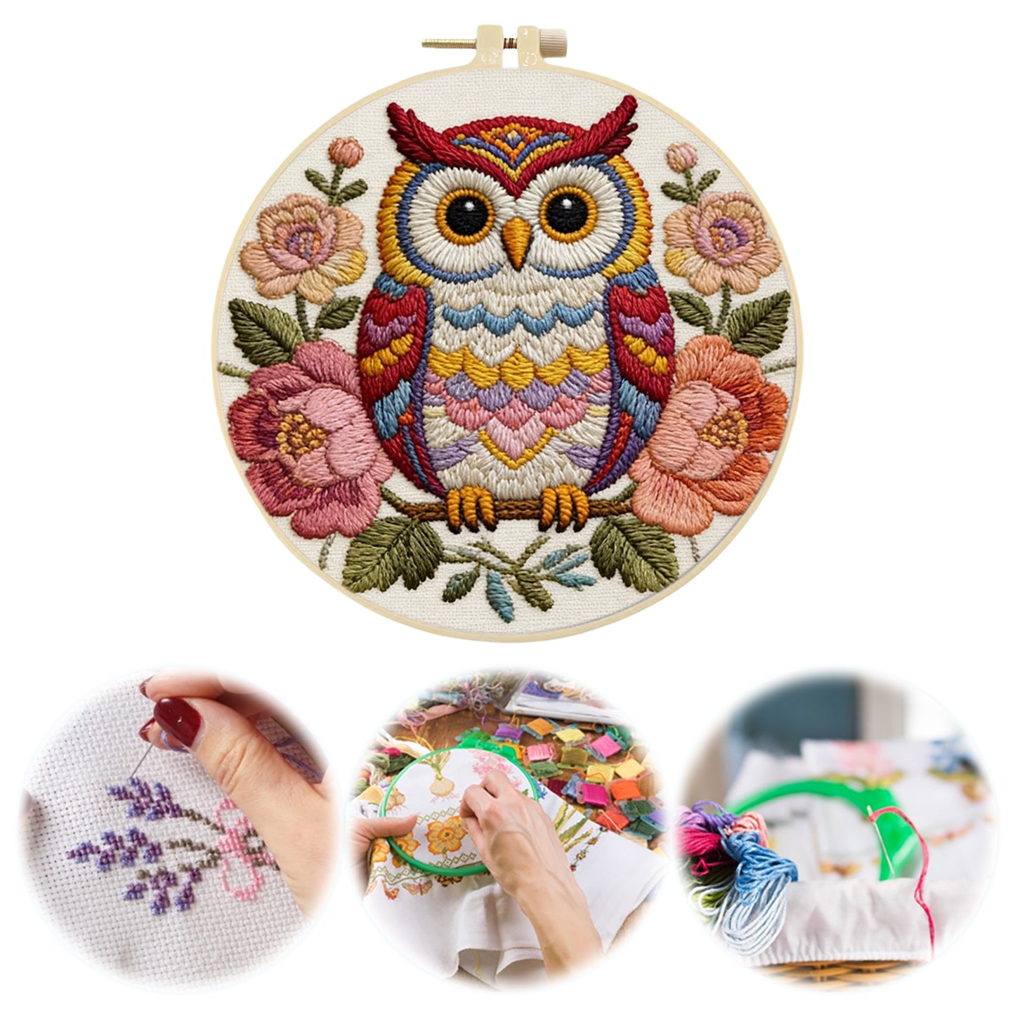 Owl Blooms - DIY Embroidery Cross Stitch Kit with Pattern Cotton Threads Needles Hoop 29x29CM/11.42x11.42in