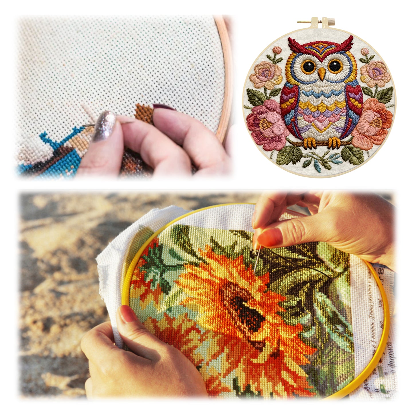 Owl Blooms - DIY Embroidery Cross Stitch Kit with Pattern Cotton Threads Needles Hoop 29x29CM/11.42x11.42in
