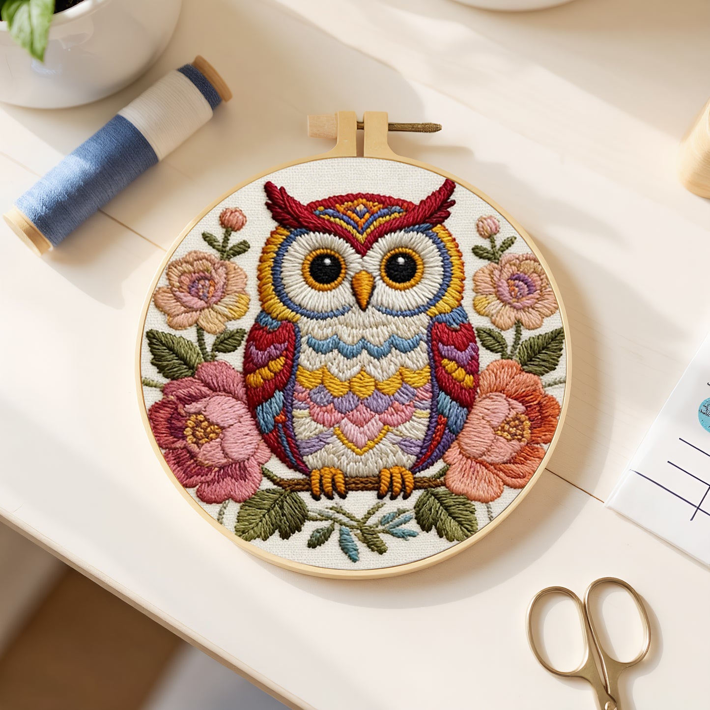 Owl Blooms - DIY Embroidery Cross Stitch Kit with Pattern Cotton Threads Needles Hoop 29x29CM/11.42x11.42in