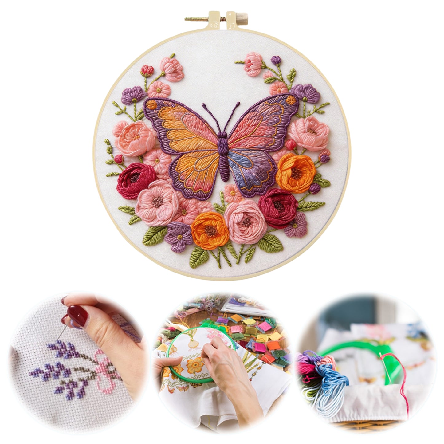 Butterfly Garden - DIY Embroidery Cross Stitch Kit with Pattern Cotton Threads Needles Hoop 29x29CM/11.42x11.42in
