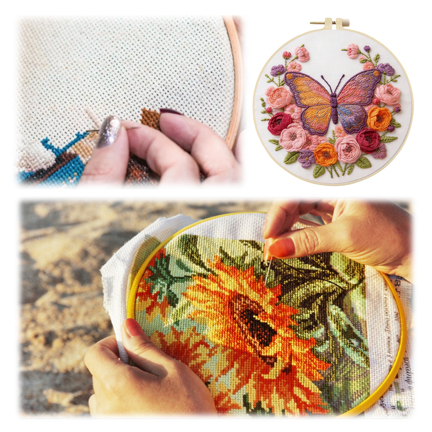 Butterfly Garden - DIY Embroidery Cross Stitch Kit with Pattern Cotton Threads Needles Hoop 29x29CM/11.42x11.42in
