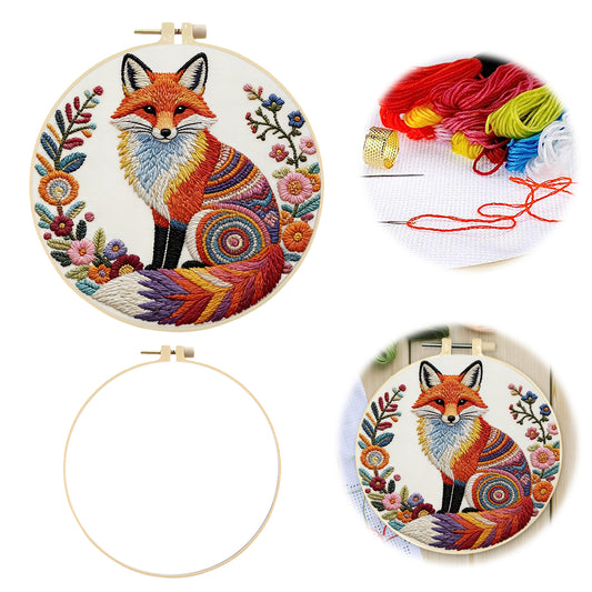 Colorful Reynard - DIY Embroidery Cross Stitch Kit with Pattern Cotton Threads Needles Hoop 29x29CM/11.42x11.42in