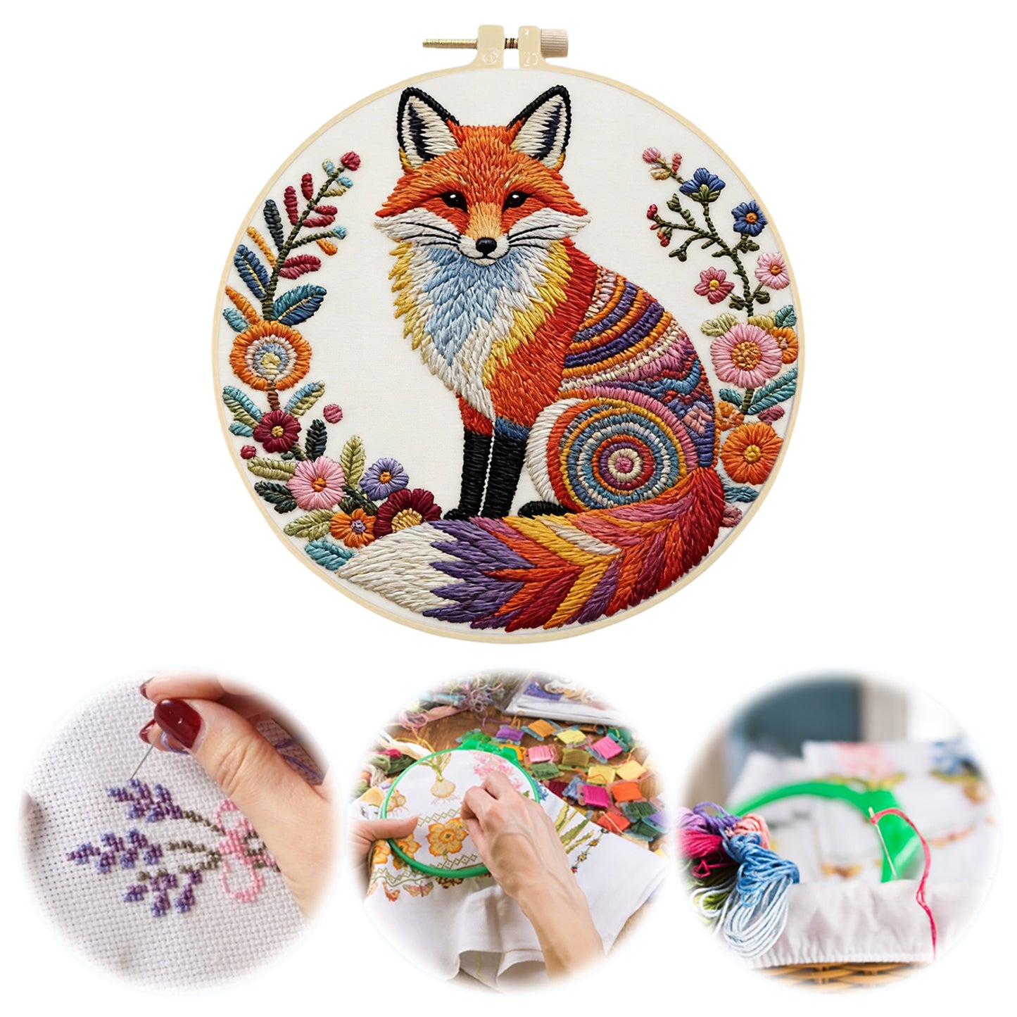 Colorful Reynard - DIY Embroidery Cross Stitch Kit with Pattern Cotton Threads Needles Hoop 29x29CM/11.42x11.42in