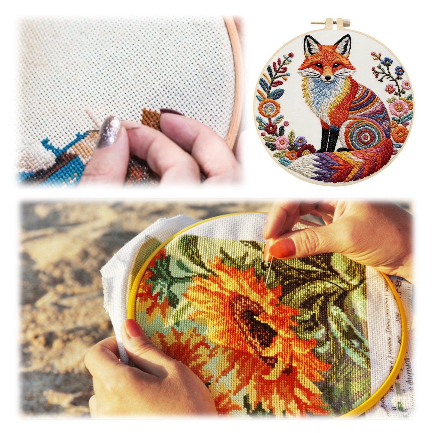 Colorful Reynard - DIY Embroidery Cross Stitch Kit with Pattern Cotton Threads Needles Hoop 29x29CM/11.42x11.42in