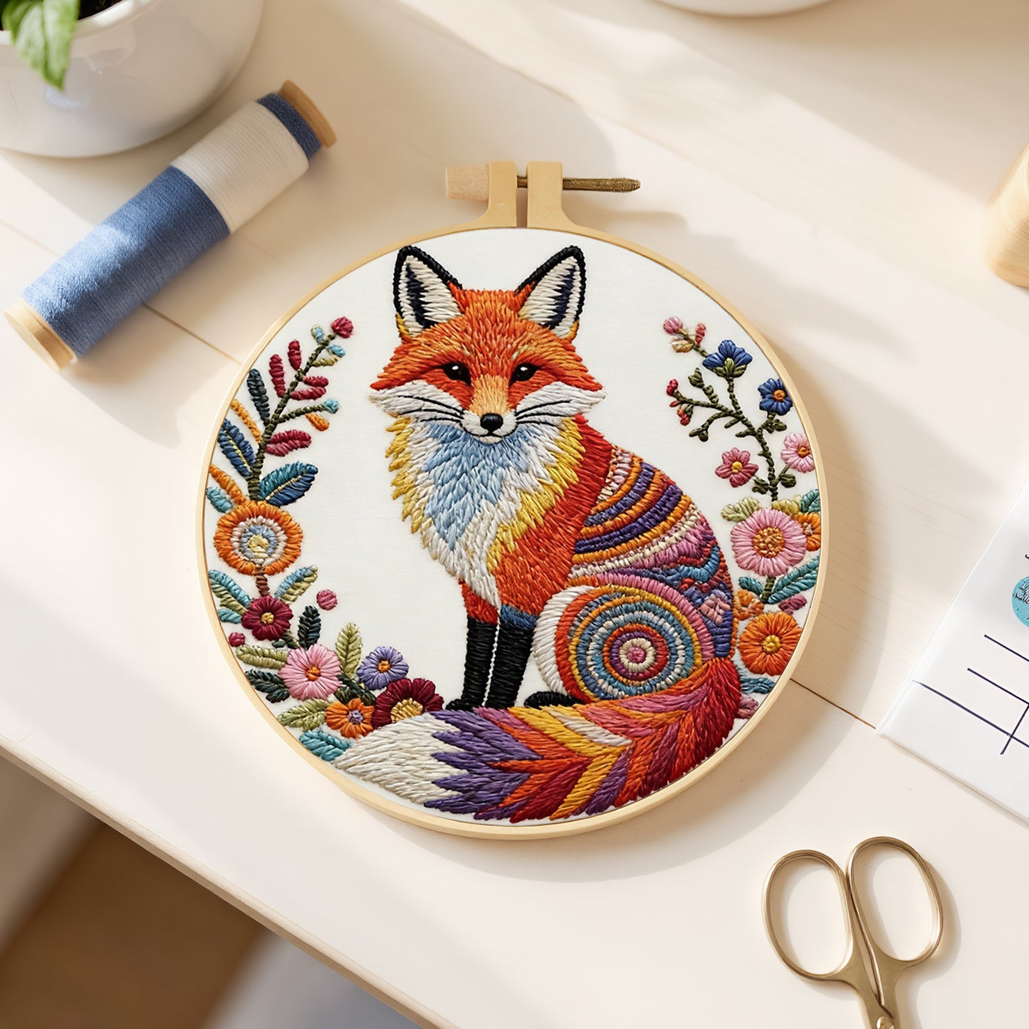 Colorful Reynard - DIY Embroidery Cross Stitch Kit with Pattern Cotton Threads Needles Hoop 29x29CM/11.42x11.42in