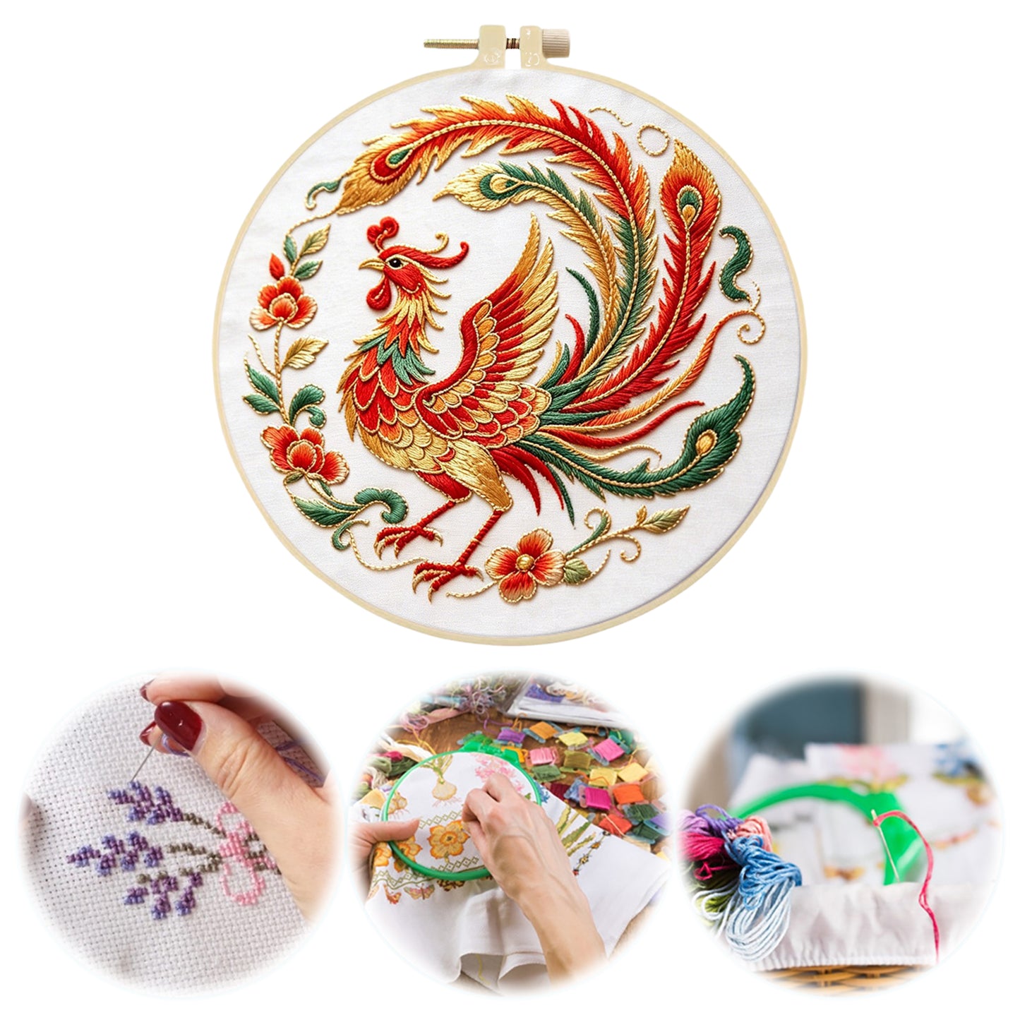 Phoenix Bloom - DIY Embroidery Cross Stitch Kit with Pattern Cotton Threads Needles Hoop 29x29CM/11.42x11.42in