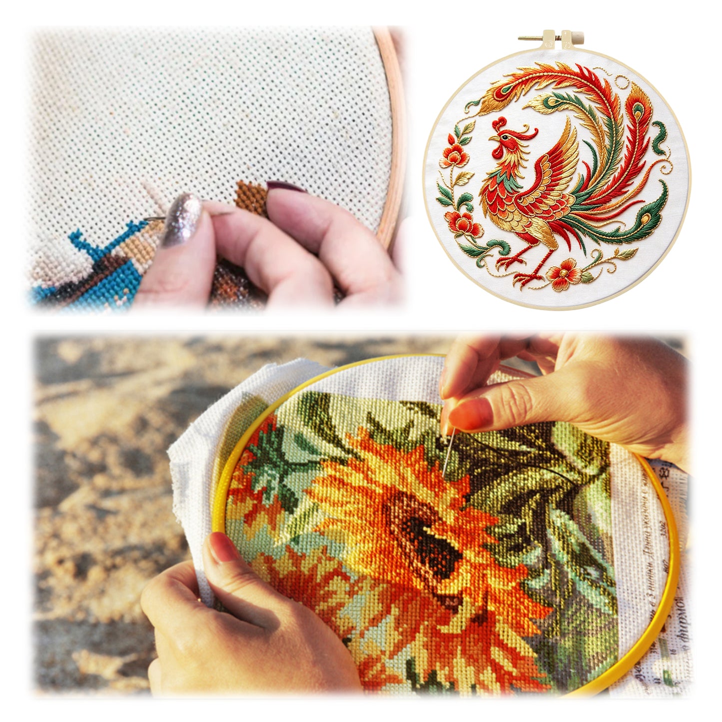 Phoenix Bloom - DIY Embroidery Cross Stitch Kit with Pattern Cotton Threads Needles Hoop 29x29CM/11.42x11.42in