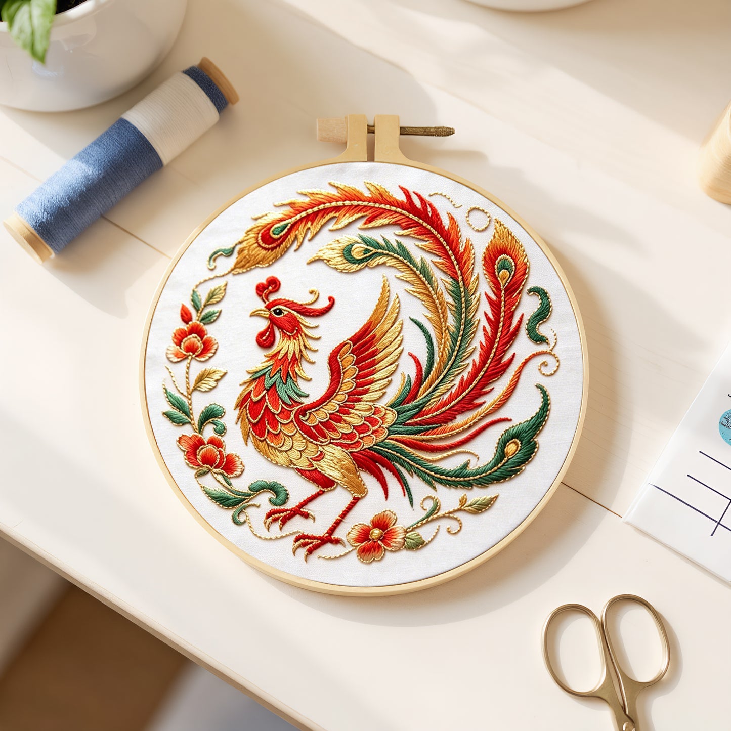 Phoenix Bloom - DIY Embroidery Cross Stitch Kit with Pattern Cotton Threads Needles Hoop 29x29CM/11.42x11.42in