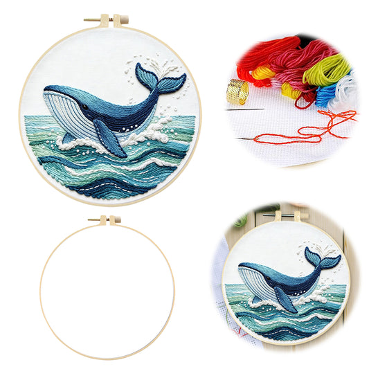 Ocean Whale - DIY Embroidery Cross Stitch Kit with Pattern Cotton Threads Needles Hoop 29x29CM/11.42x11.42in