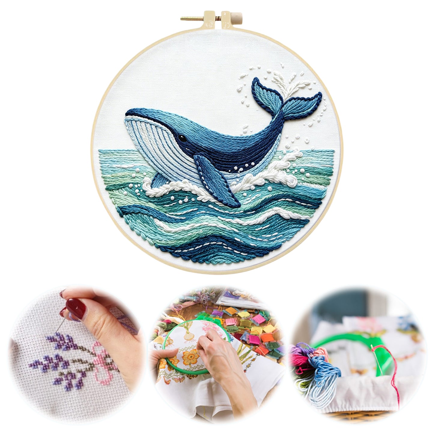 Ocean Whale - DIY Embroidery Cross Stitch Kit with Pattern Cotton Threads Needles Hoop 29x29CM/11.42x11.42in