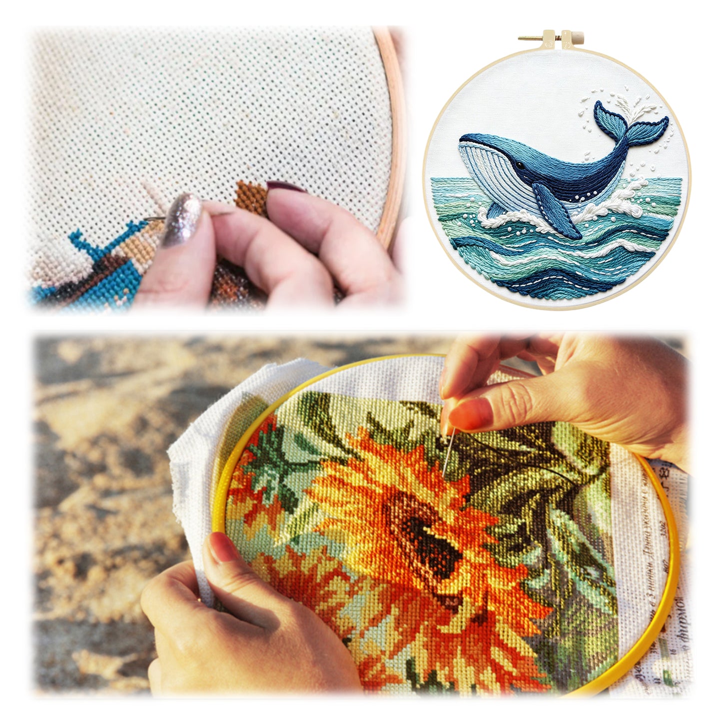 Ocean Whale - DIY Embroidery Cross Stitch Kit with Pattern Cotton Threads Needles Hoop 29x29CM/11.42x11.42in