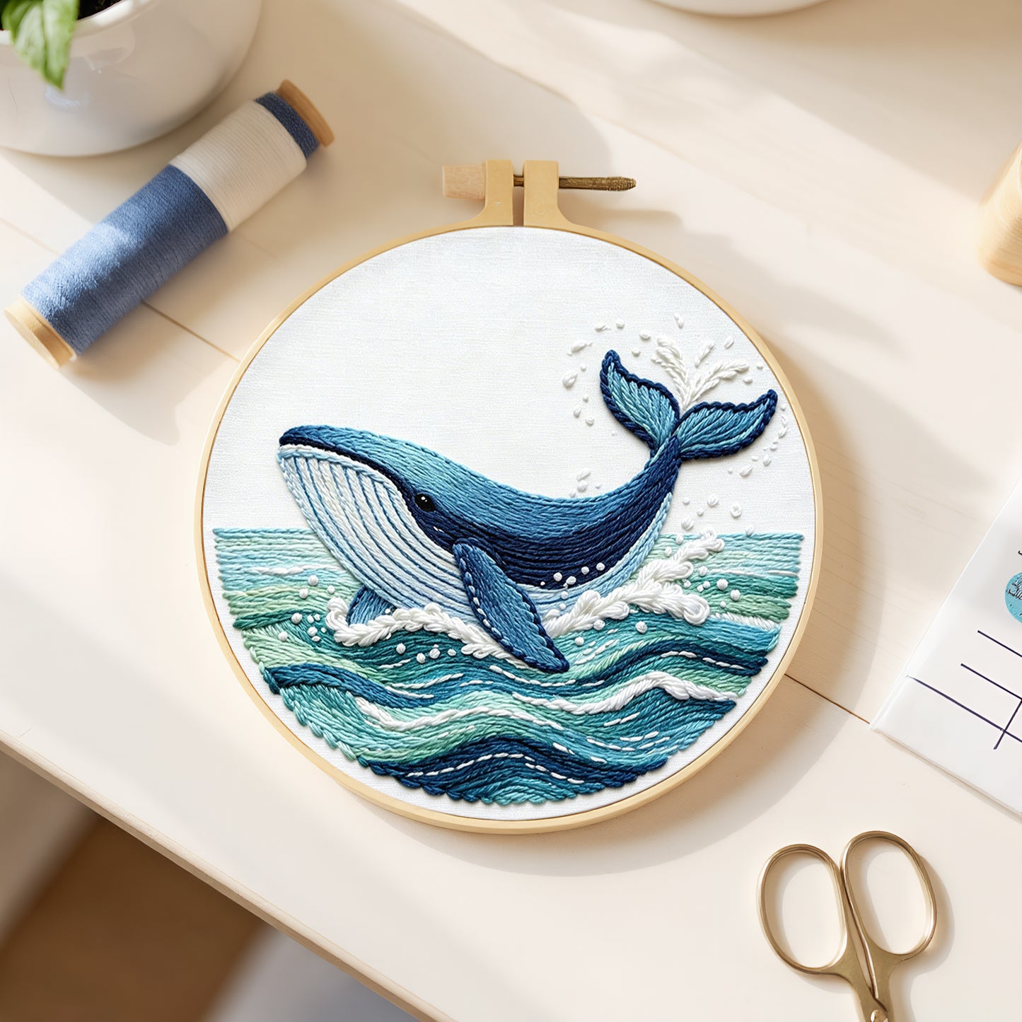 Ocean Whale - DIY Embroidery Cross Stitch Kit with Pattern Cotton Threads Needles Hoop 29x29CM/11.42x11.42in