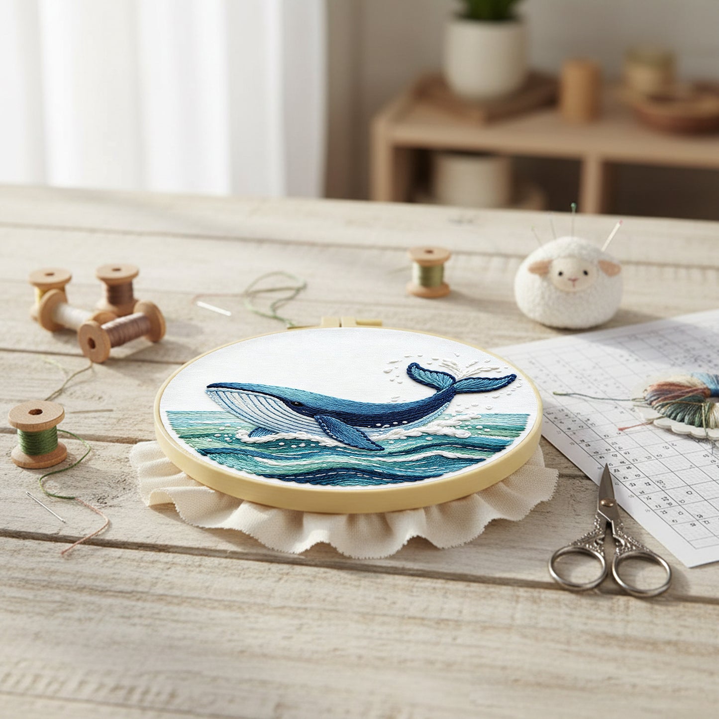 Ocean Whale - DIY Embroidery Cross Stitch Kit with Pattern Cotton Threads Needles Hoop 29x29CM/11.42x11.42in