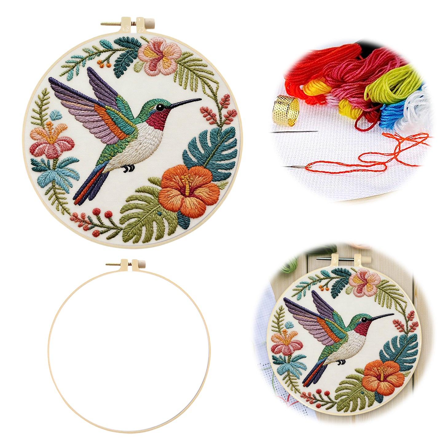 Hummingbird Garden - DIY Embroidery Cross Stitch Kit with Pattern Cotton Threads Needles Hoop 29x29CM/11.42x11.42in
