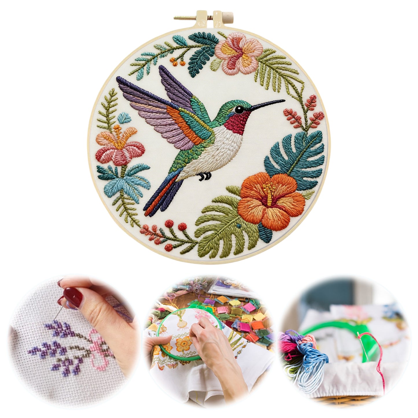 Hummingbird Garden - DIY Embroidery Cross Stitch Kit with Pattern Cotton Threads Needles Hoop 29x29CM/11.42x11.42in
